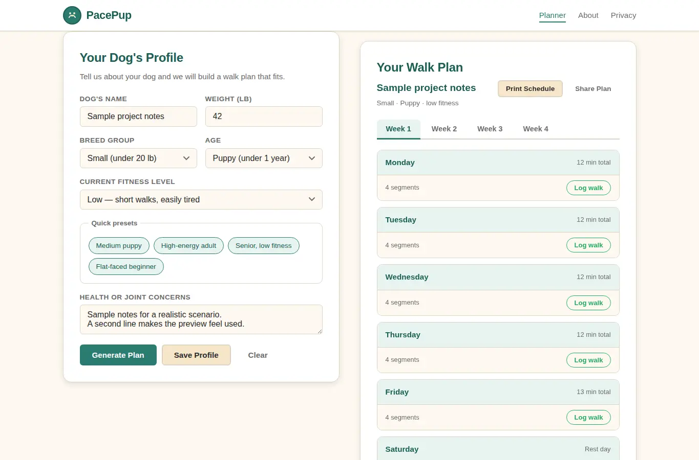 Screenshot of PacePup: Dog Walk Interval Training Planner interface showing the project page in use